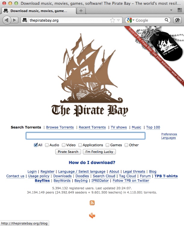 Screenshot: The Pirate Bay (Website, 2011)