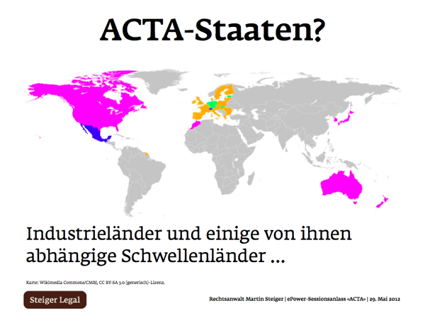Bild: PräsentationsfFolie «ACTA-Staaten» mit Weltkarte