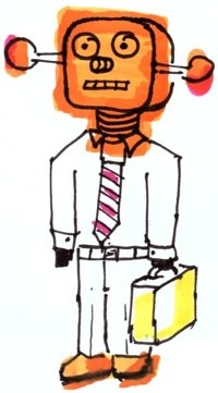 Bild: Gezeichneter Büro-Android in menschlicher Arbeitskleidung mit Krawatte sowie Aktenkoffer