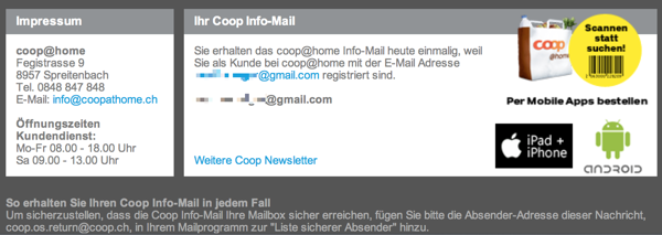 Screenshot: «Einmaliger» coop@home-Newsletter mit fehlender Ablehnungsmöglichkeit