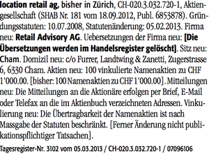 Bild: Mutationsmeldung zur location retail ag im Schweizerischen Handelsamtsblatt (SHAB)