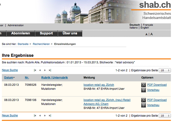 Bild: Ergebnisse einer Suche nach «location retail» im Schweizerischen Handelsamtsblatt (SHAB)