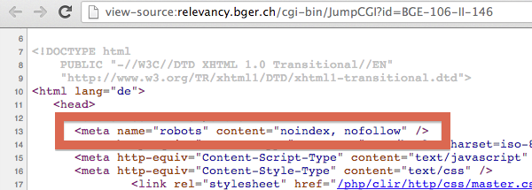 Screenshot: Quelltext von relevancy.bger.ch mit «noindex»-Anweisung beim Metaelement «robots»