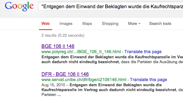 Screenshot: Google-Suche nach Text aus BGE 106 II 146