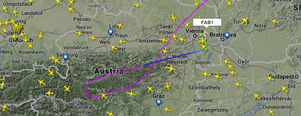 Screenshot: Flugweg der FAB001 über Österreich bei Flightradar24.com