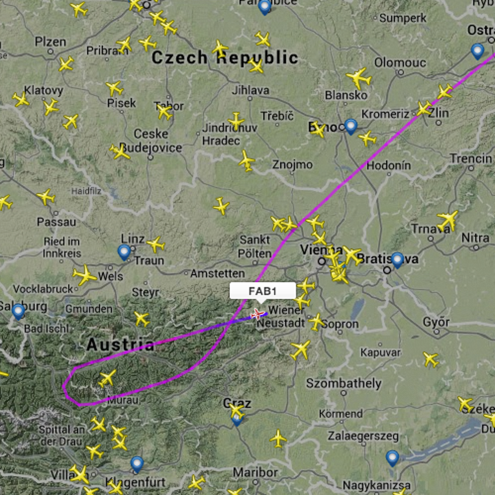 Screenshot: Flugweg der FAB001 über Österreich bei Flightradar24.com