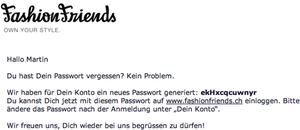 Screenshot: Ausschnitt aus FashionFriends-E-Mail mit neuem Passwort