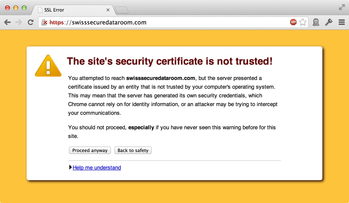 Screenshot: SSL-Warnung im Browser beim Zugriff auf «Swiss Secure Data Room»-Website