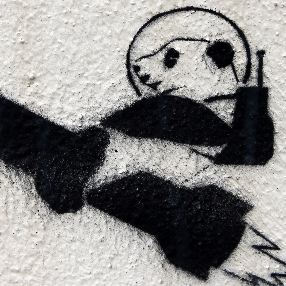 Graffito: Panda, der auf einer Rakete sitzt, die zum Mond fliegt