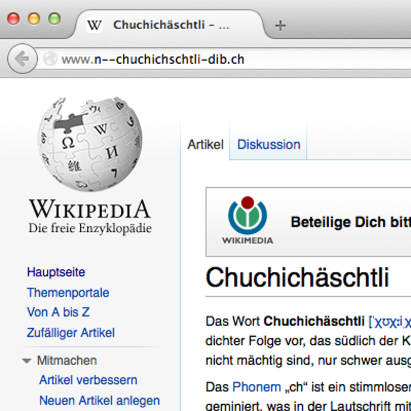 Screenshot: Deutschsprachiger Wikipedia-Artikel «Chuchichäschtli»