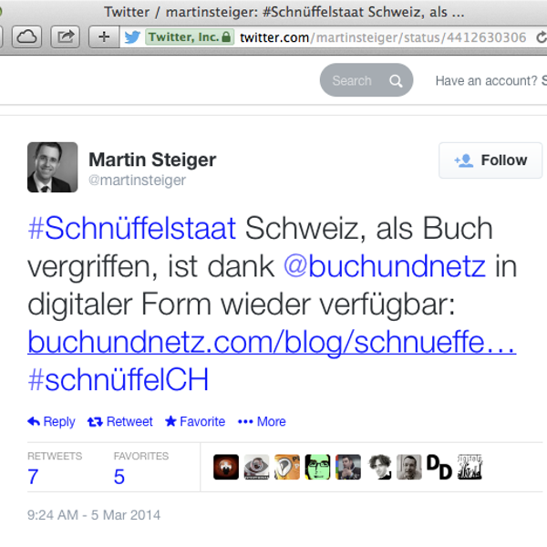 Tweet: Hinweis auf Wiederauflage von «Schnüffelstaat Schweiz»