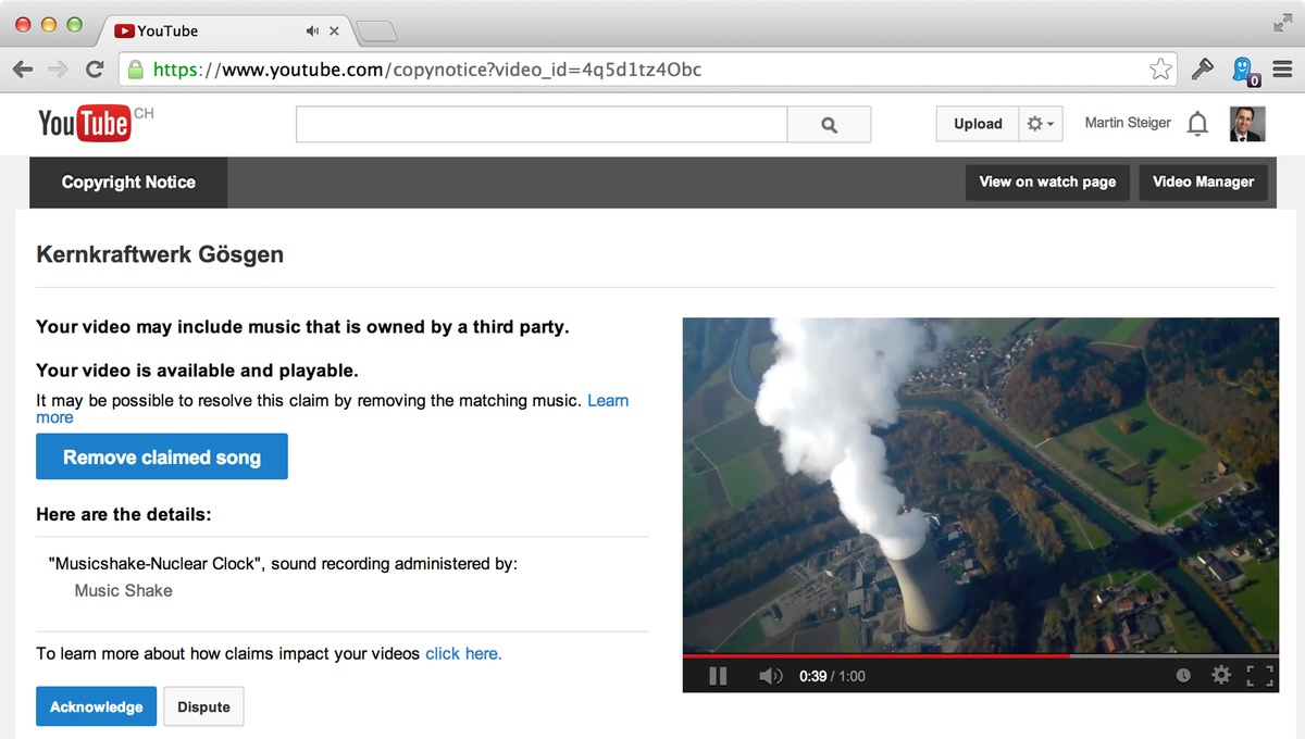 Screenshot: Urheberrechtsanspruch von Musik Shake bei YouTube
