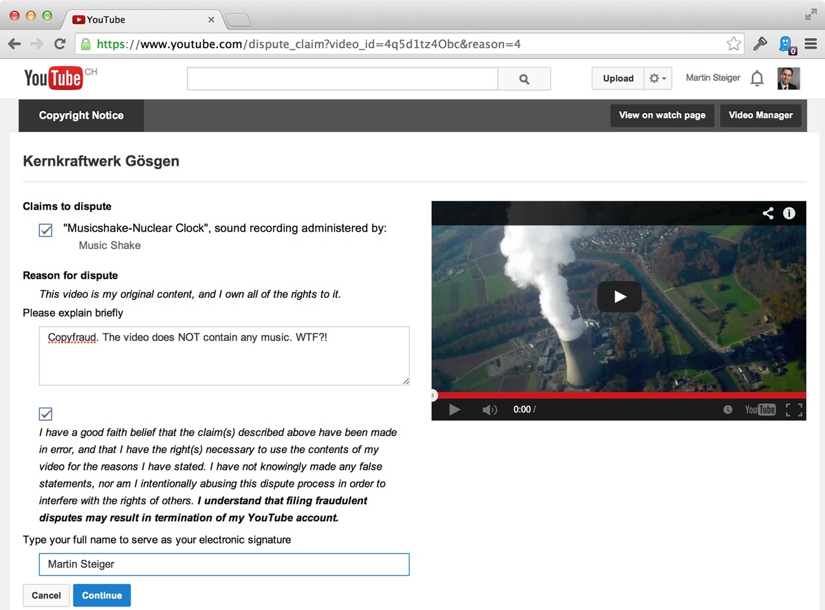Screenshot: Widerspruch gegen Urheberrechtsanspruch bei YouTube