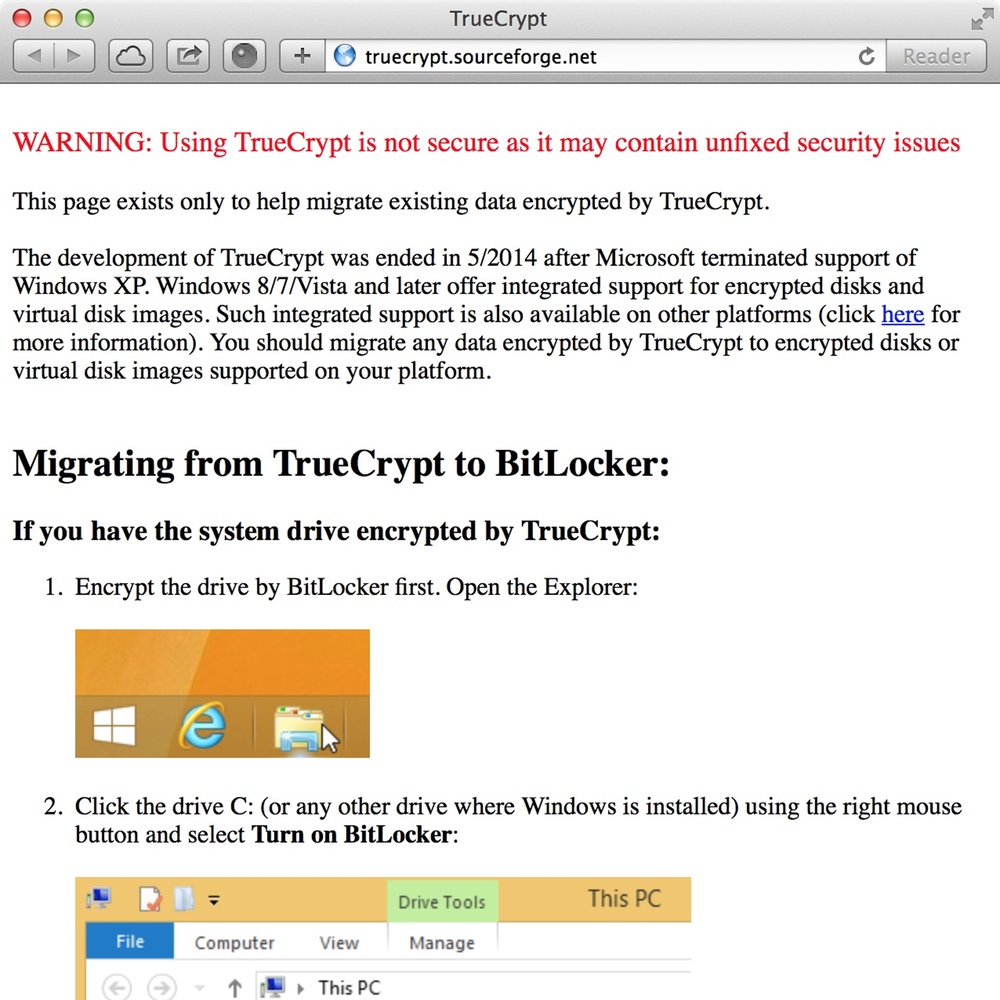 Screenshot: truecrypt.sourceforge.net mit Sicherheitswarnung bezüglich TrueCrypt