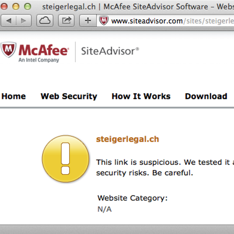 Screenshot: McAfee SiteAdvisor bezüglich steigerlegal.ch