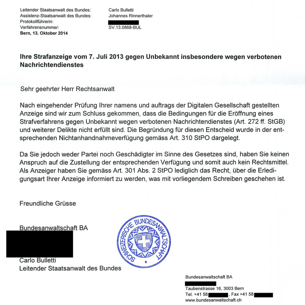 Dokument: Schreiben der Bundesanwaltschaft vom 13. Oktober 2014 bezüglich Nichtanhandnahme von Strafanzeige der Digitalen Gesellschaft