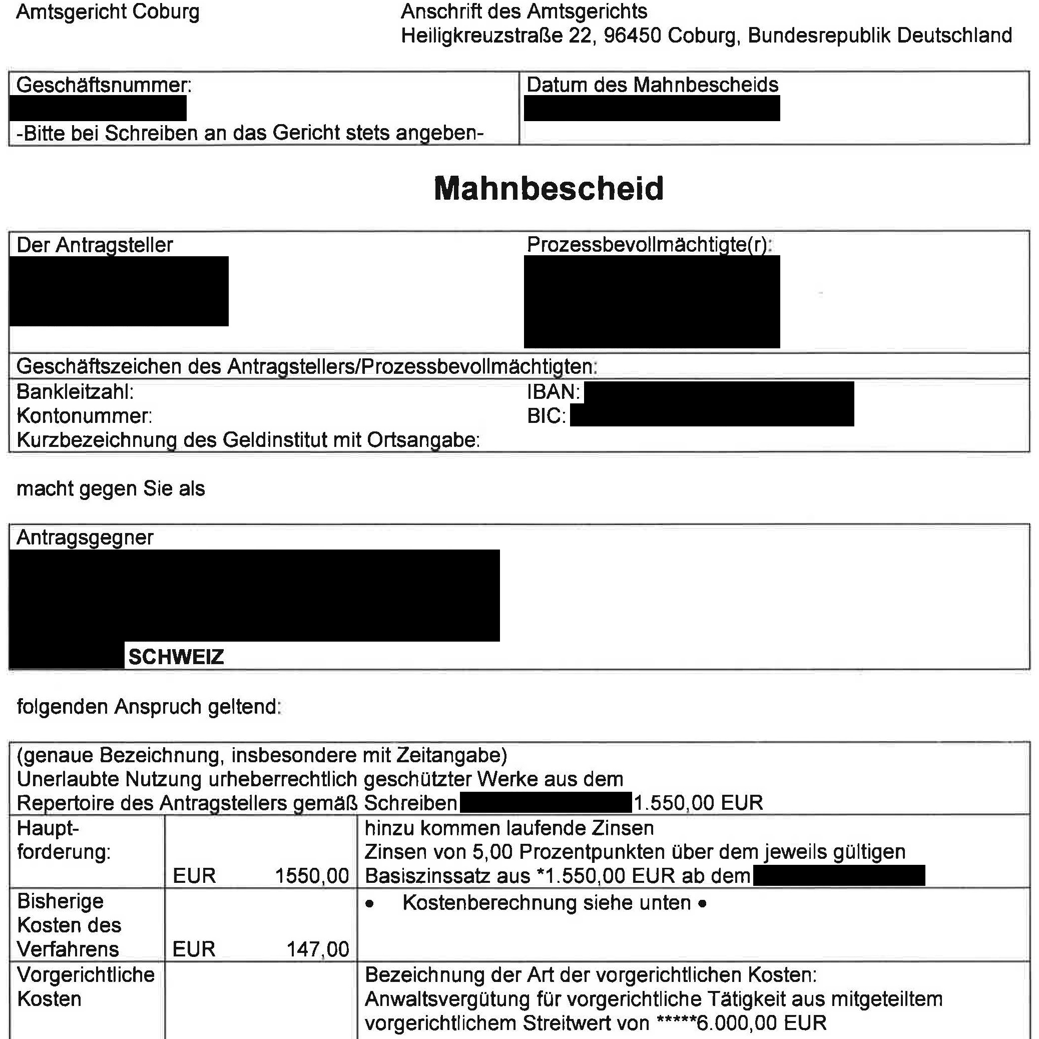 Dokument: Beispiel für einen deutschen Mahnbescheid (Teil von Seite 1)