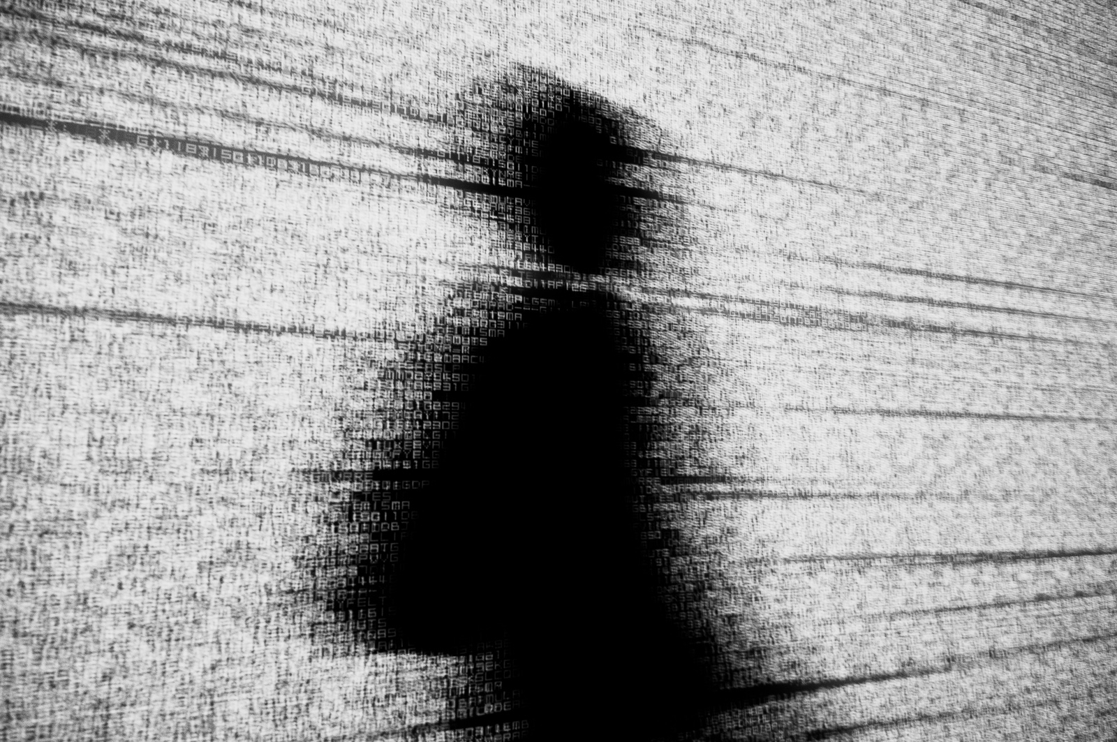 Schwarze menschliche Silhouette vor einem Hintergrund aus weissem Datenrauschen