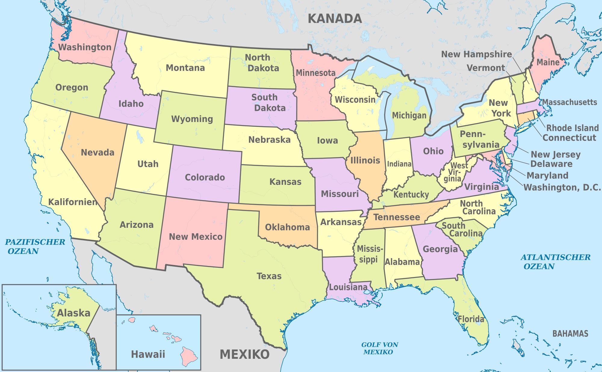 Bild: Karte der USA mit administrativer Einteilung in Bundesstaaten