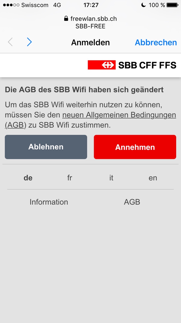 Screenshot: Aufforderung, neue AGB für SBB Wifi anzunehmen