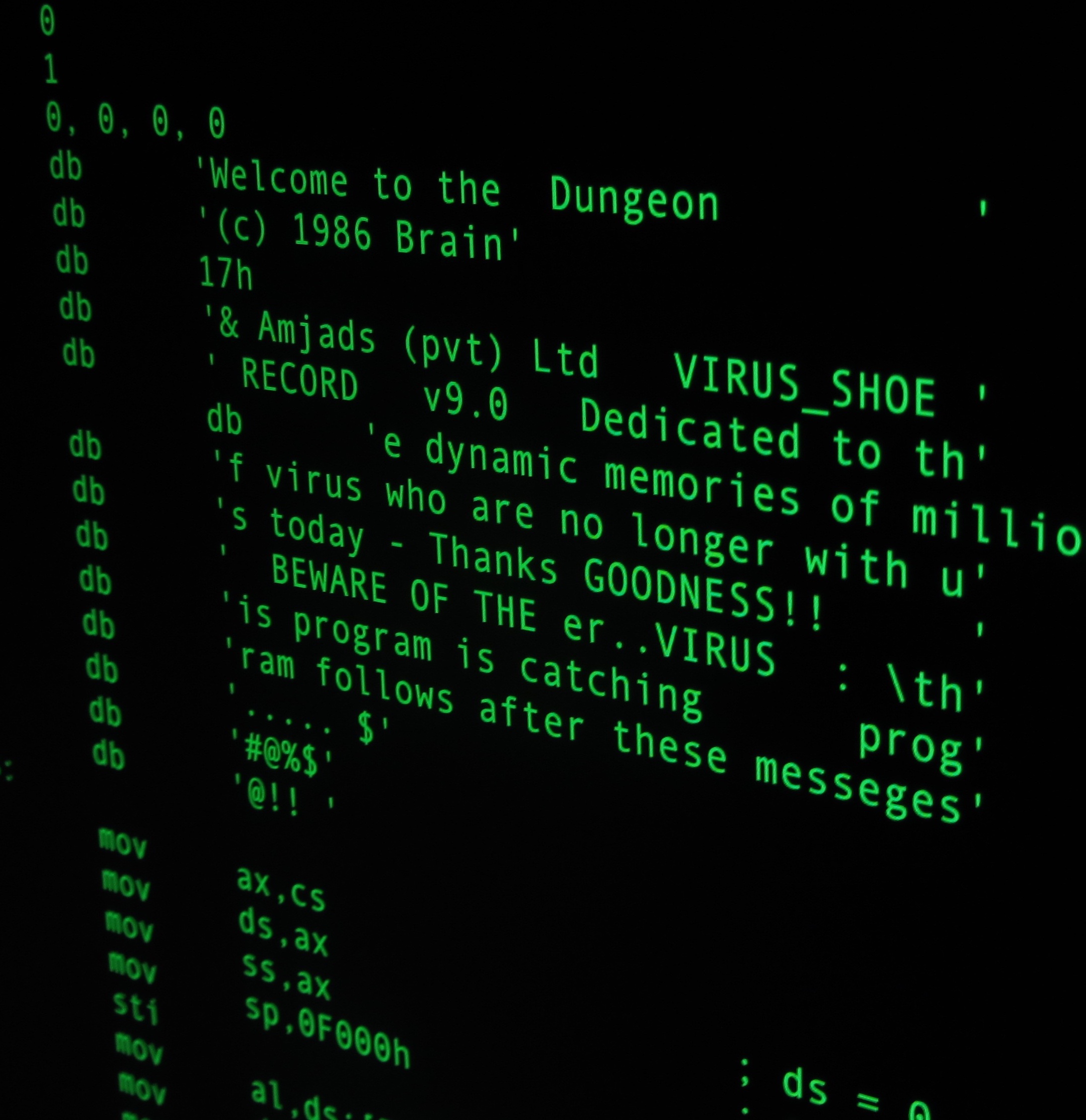 Screenshot: Auszug aus dem Quelltext des BRAIN-Computerviruses in den 1980er-Jahren