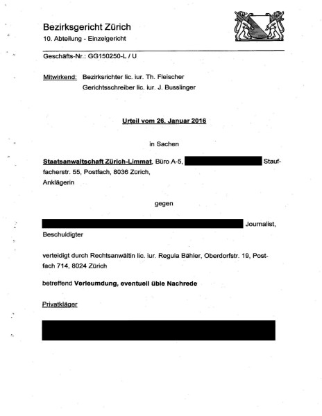 Dokument: Bezirksgericht Zürich, Urteil GG150250-L vom 26. Januar 2016, Rubrum