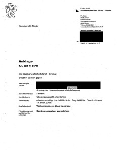 Dokument: Bezirksgericht Zürich, Urteil GG150250-L vom 26. Januar 2016, Anklage (Seite 1)