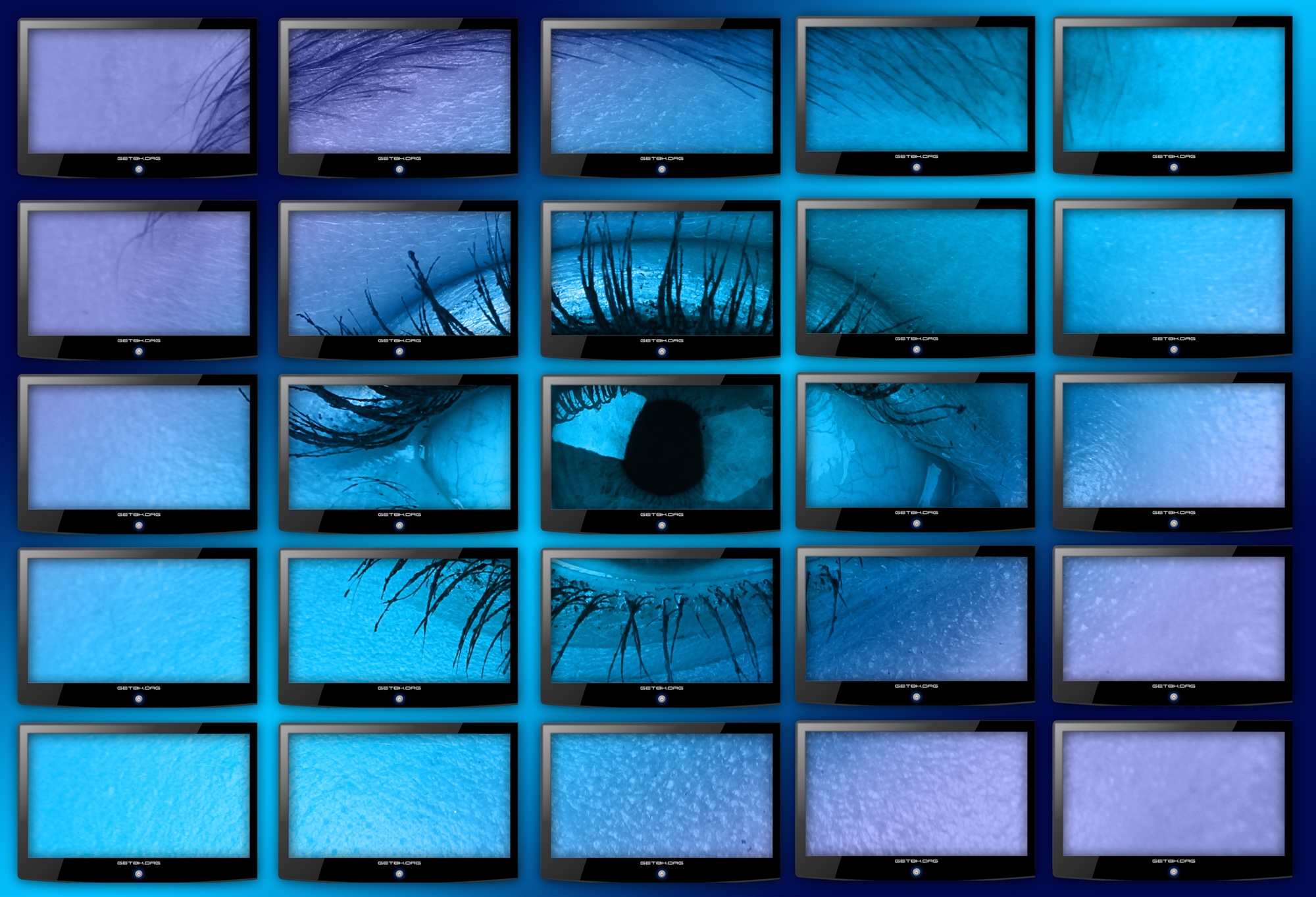 Bild: 25 Bildschirme (5 × 5), die im Gesamtbild ein Auge zeigen