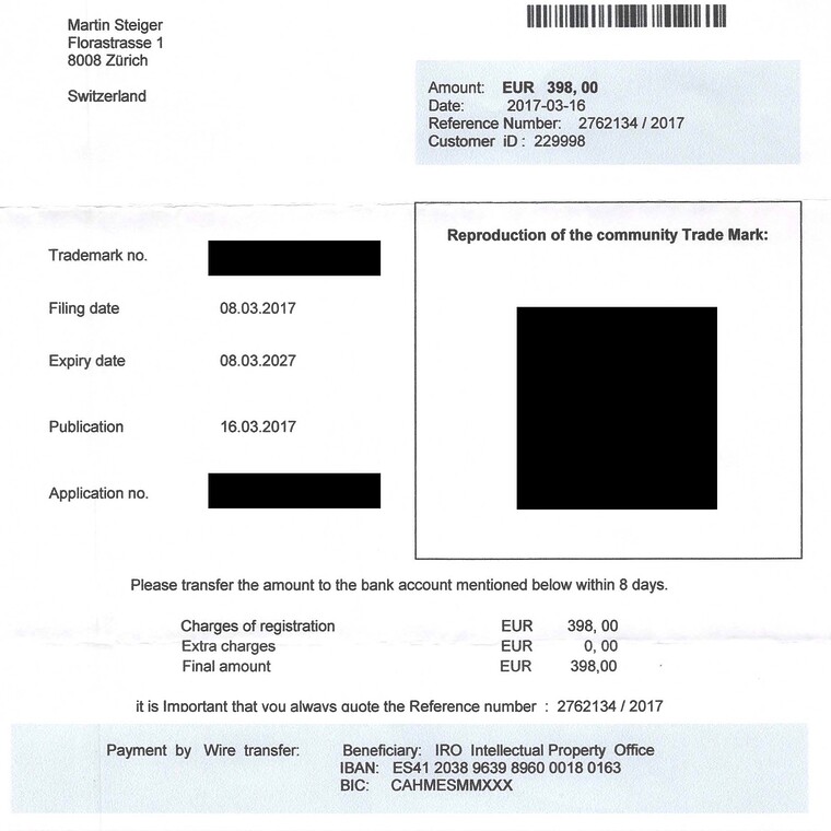 Dokument: Rechnung für Registerbetrug nach Markenregistrierung