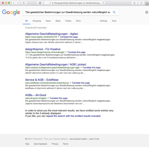 Screenshot: Google-Suche nach dem Satz «Die gesetzlichen Bestimmungen zur Gewährleistung werden vollumfänglich wegbedungen.»