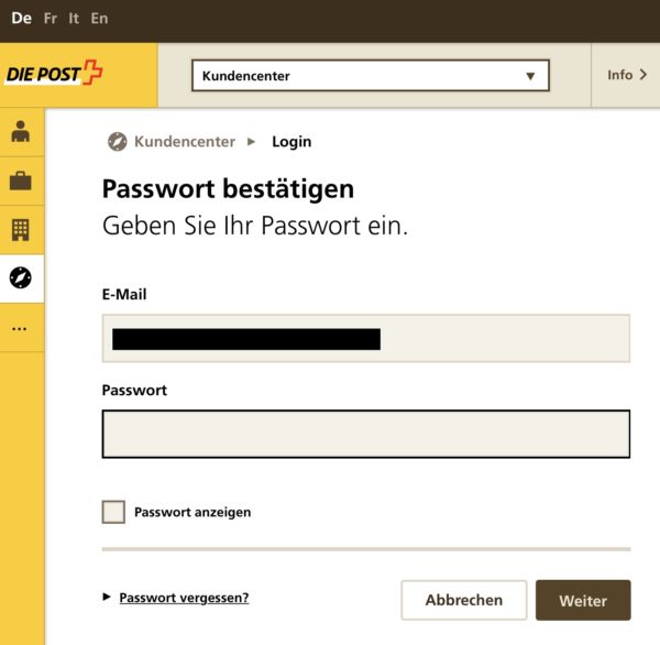 Screenshot: Passwort-Eingabe auf Website der Post nach geänderter E-Mail-Adresse