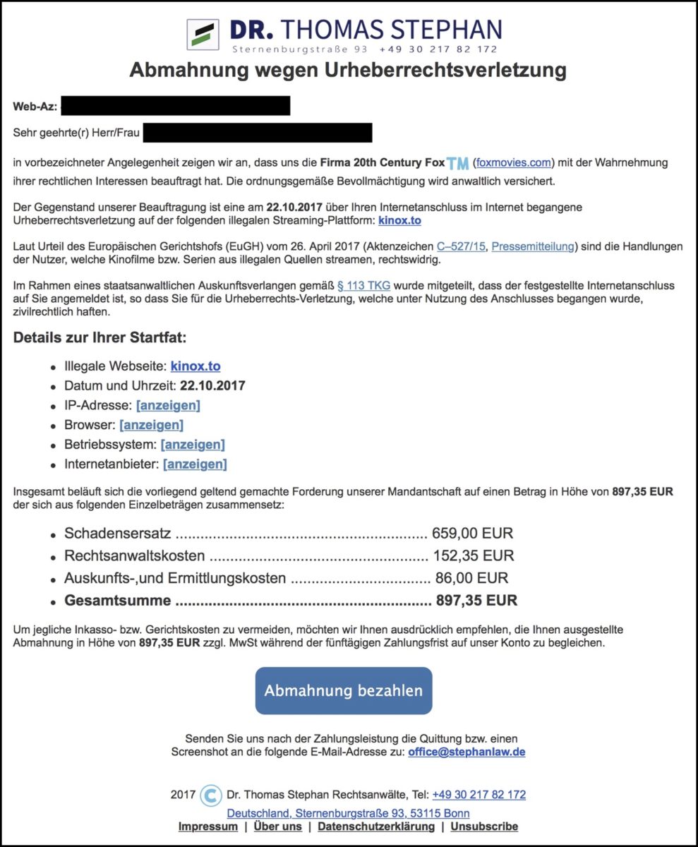 E-Mail: Gefälschte Filesharing-Abmahnung