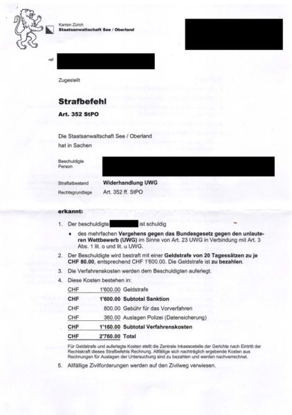 Dokument: Strafbefehl der Staatsanwaltschaft Oberland-See (Seite 1, anonymisiert)