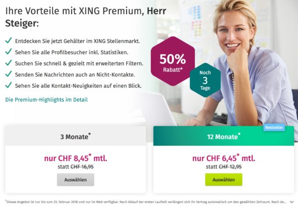 Screenshot: «XING Premium»-Angebot am 21. Februar 2018