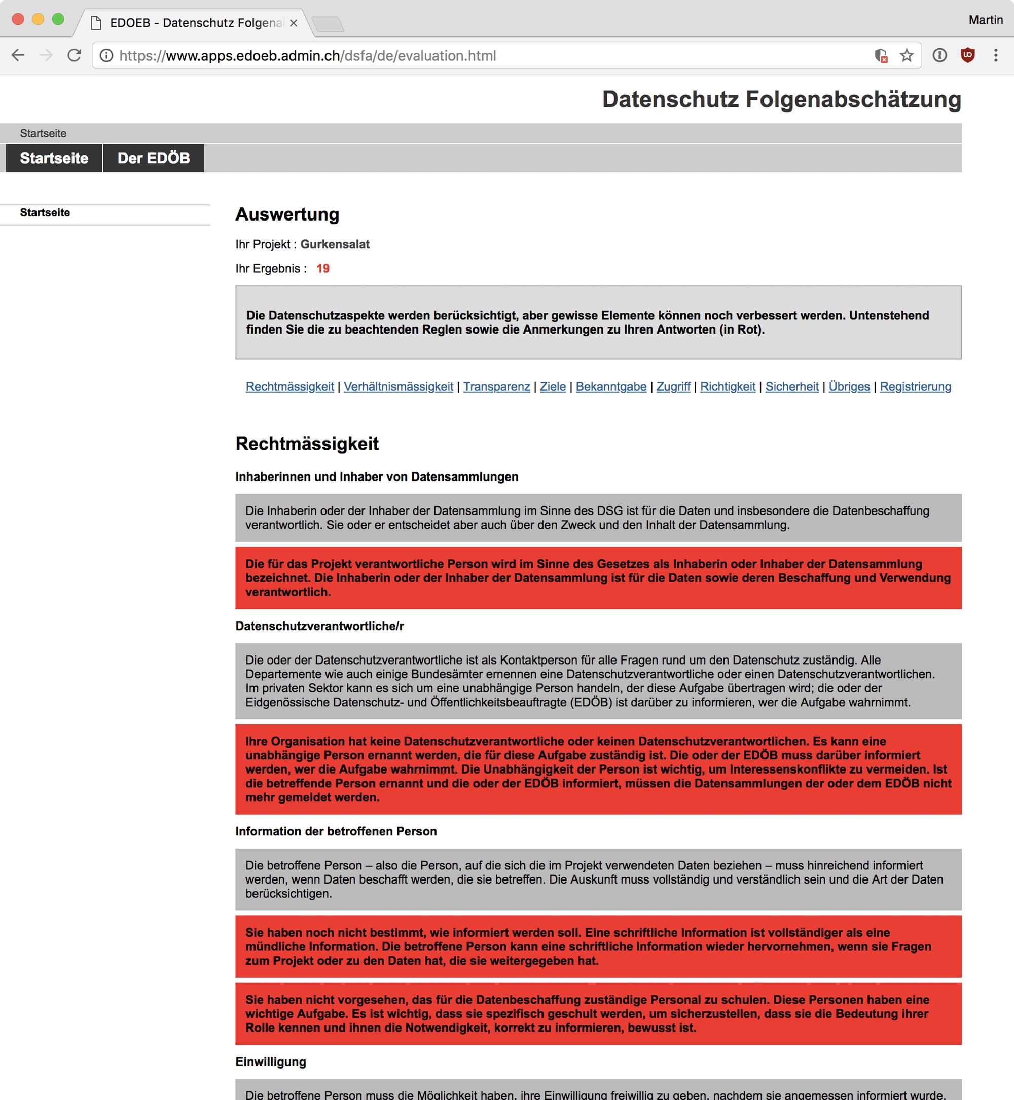 Screenshot: Online-Fragebogen für Datenschutz-Folgenabschätzung auf der Website des Eidgenössischen Datenschutz- und Öffentlichkeitsbeauftragten (EDÖB)