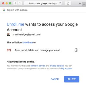 Screenshot: Unroll.me-Zugriff auf Google Mail (Gmail)