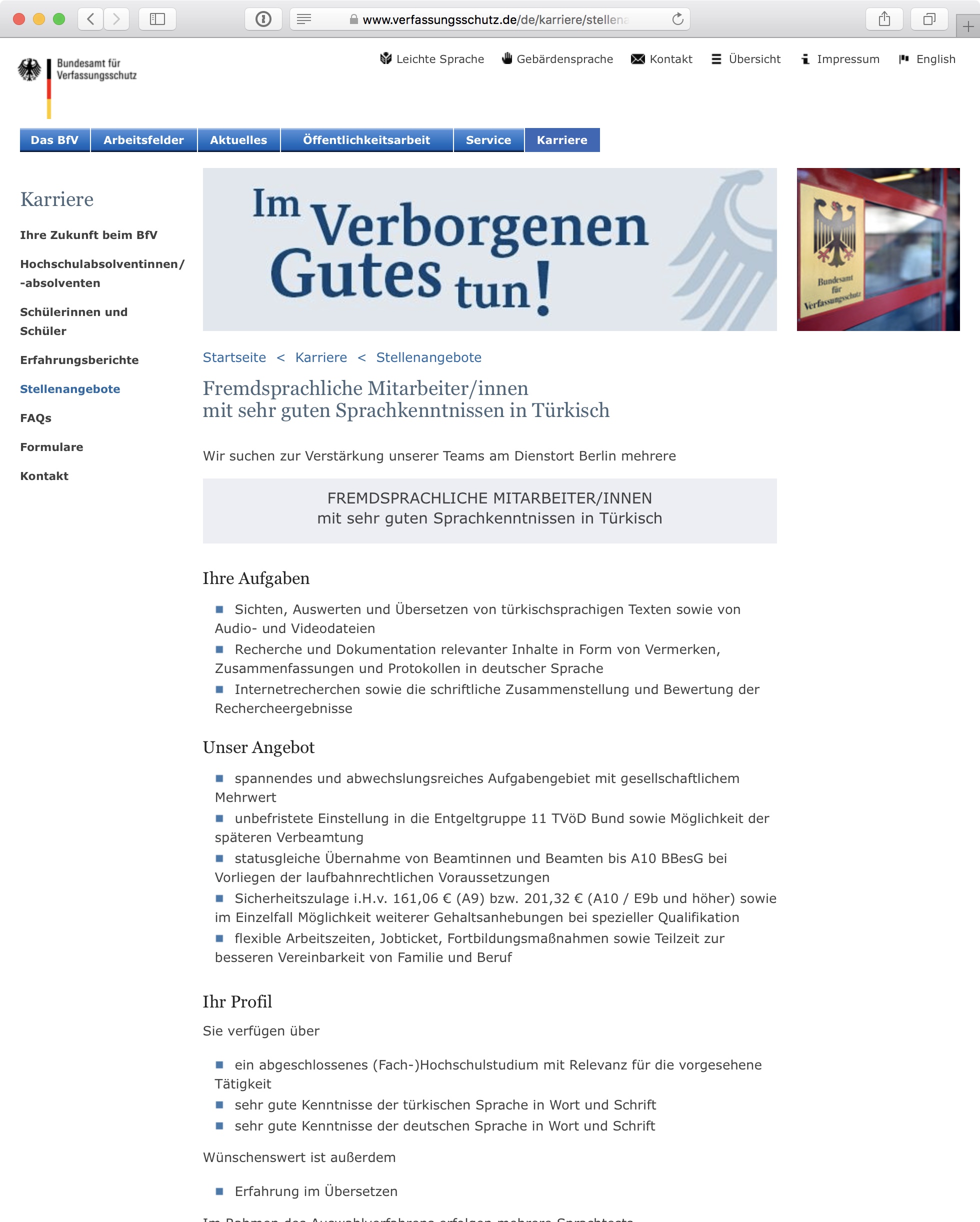 Screenshot: Online-Stellenausschreibung beim Bundesamt für Verfassungsschutz (BfV) in Deutschland