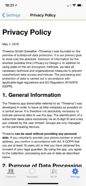 Screenshot: Datenschutzerklärung (Privacy Policy) von Threema vom 4. Mai 2018