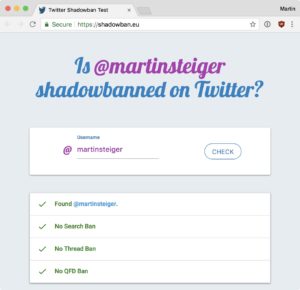 Screenshot: shadowban.eu mit Überprüfung von @martinsteiger