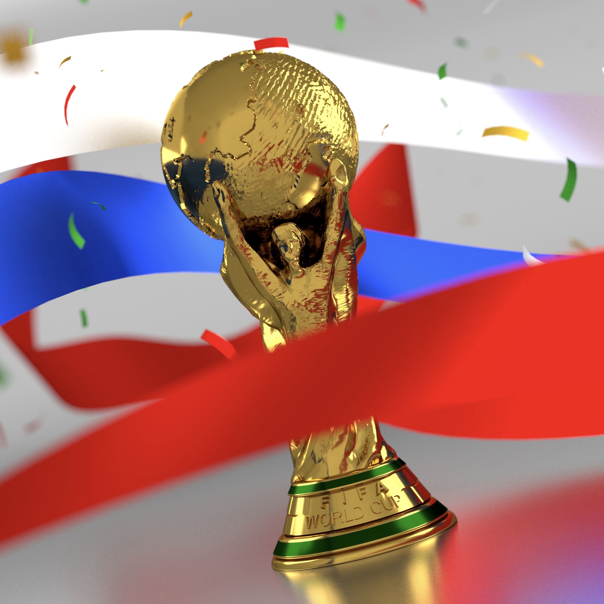 Bild: Pokal mit Ähnlichkeit zum FIFA-WM-Pokal mit farbigen Bändern in den russischen Nationalfarben weiss, blau und rot