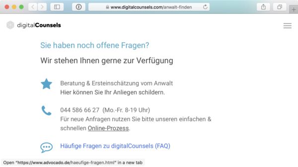 Screenshot: digitalcounsels.com mit Verlinkung auf advocado.de