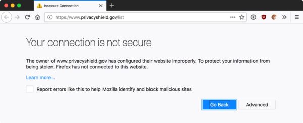 Screenshot: privacyshield.gov-Website mit SSL-Fehlermeldung