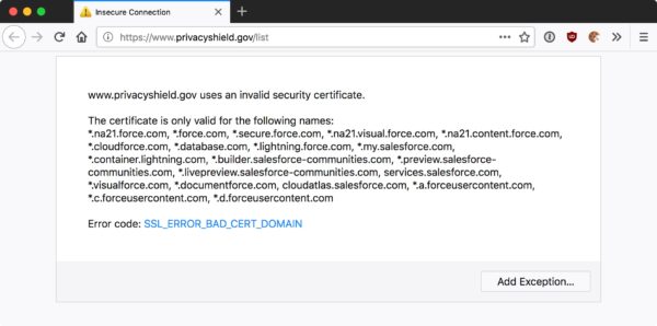 Screenshot: privacyshield.gov-Website mit SSL-Fehlermeldung