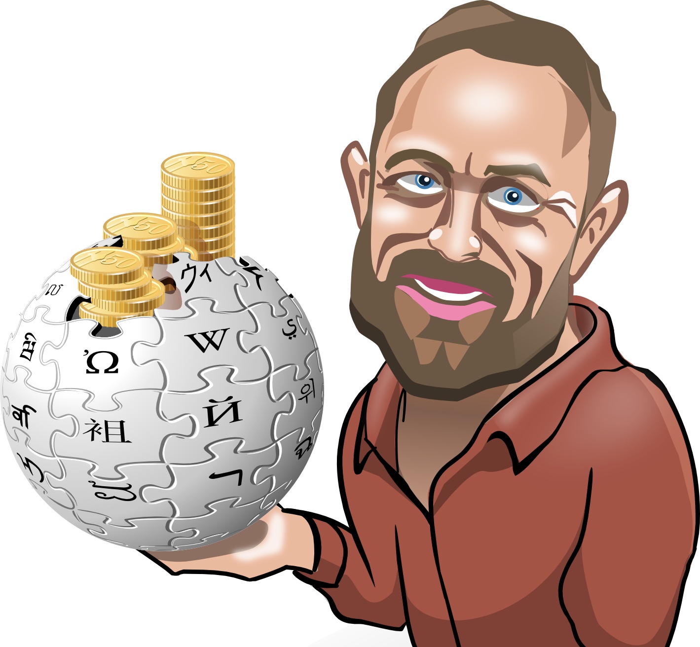 Bild: Wikipedia-Gründer Jimmy Wales mit Wikipedia-Logo und Kleingeld (Cartoon)
