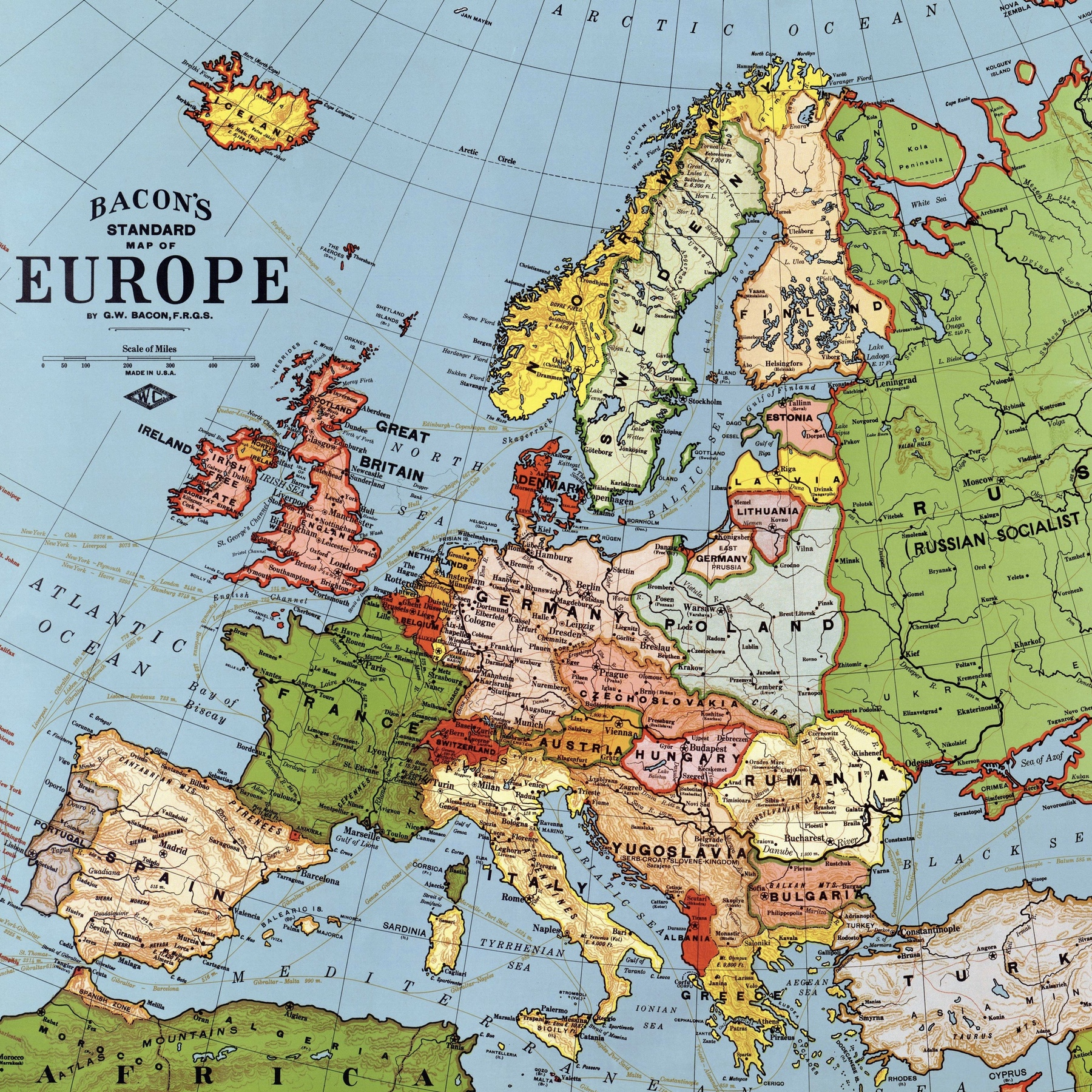 Landkarte: Europa (Bacon's Standard Map of Europe, 1923)