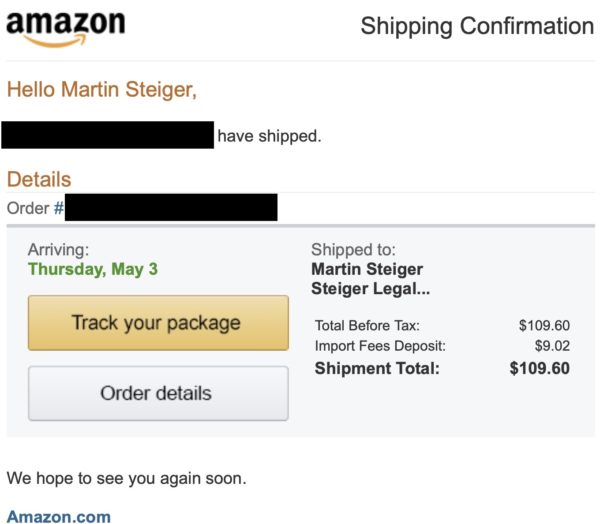 Screenshot: E-Mail von Amazon.com mit Lieferbestätigung einschliesslich «Import Fees Deposit»