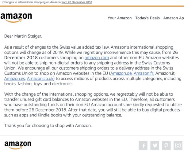 Screenshot: E-Mail von Amazon.com vom 3. Dezember 2018 betreffend Lieferstopp für die Schweiz