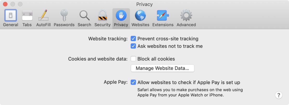 Screenshot: Datenschutz-Einstellungen im Safari-Browser von Apple (für MacOS)