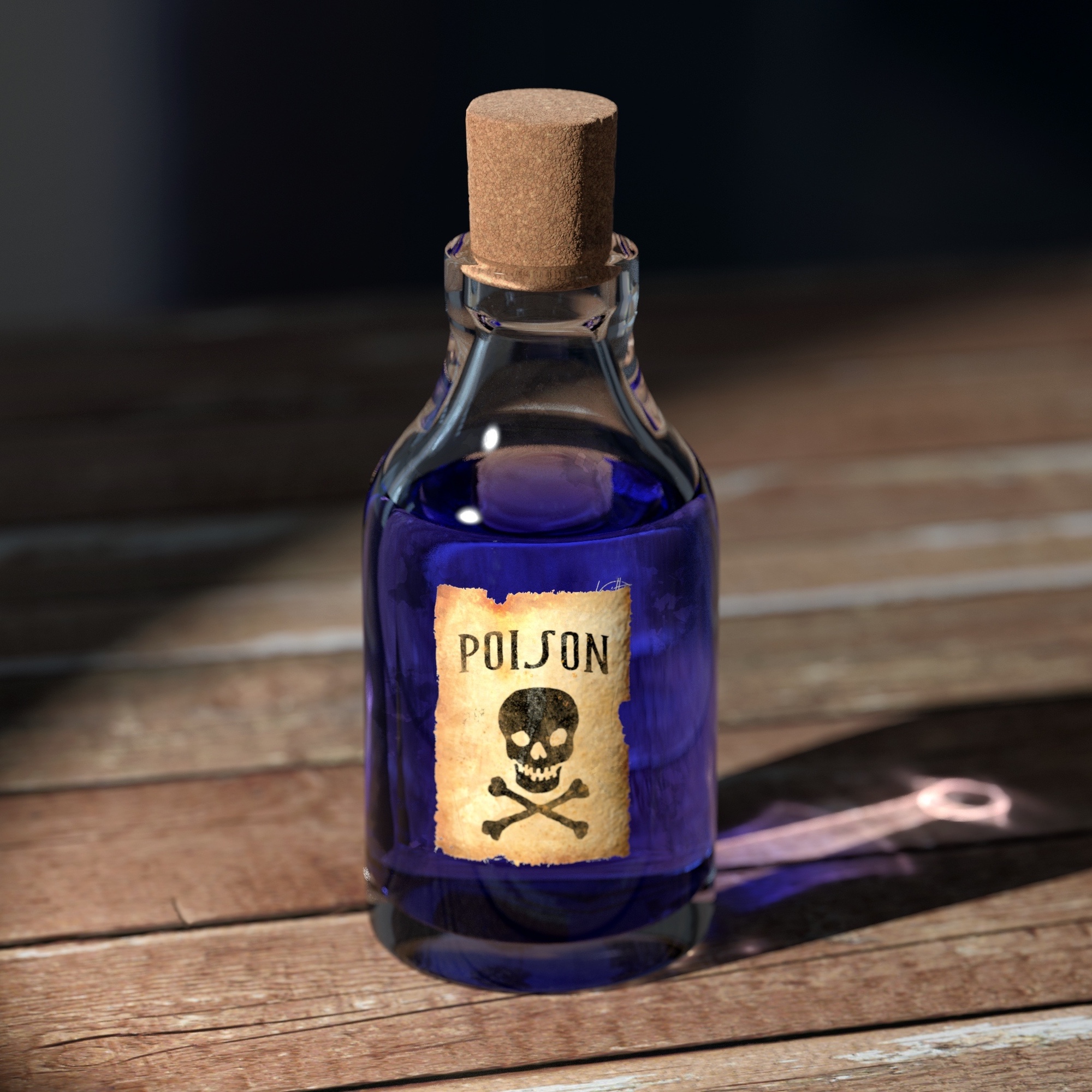 Foto: Verkorkte Flasche mit blauer Flüssigkeit und dem Etikett «Poison»