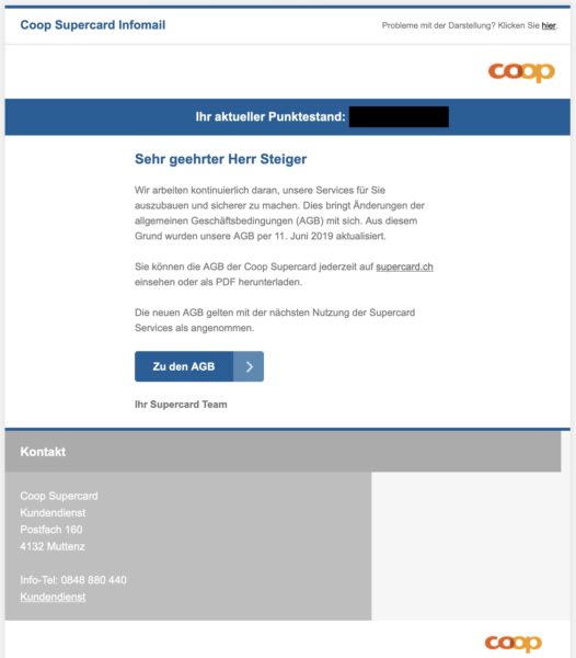 Screenshot: E-Mail von Coop vom 12. Juni 2019 betreffend aktualisierte Coop Supercard-AGB